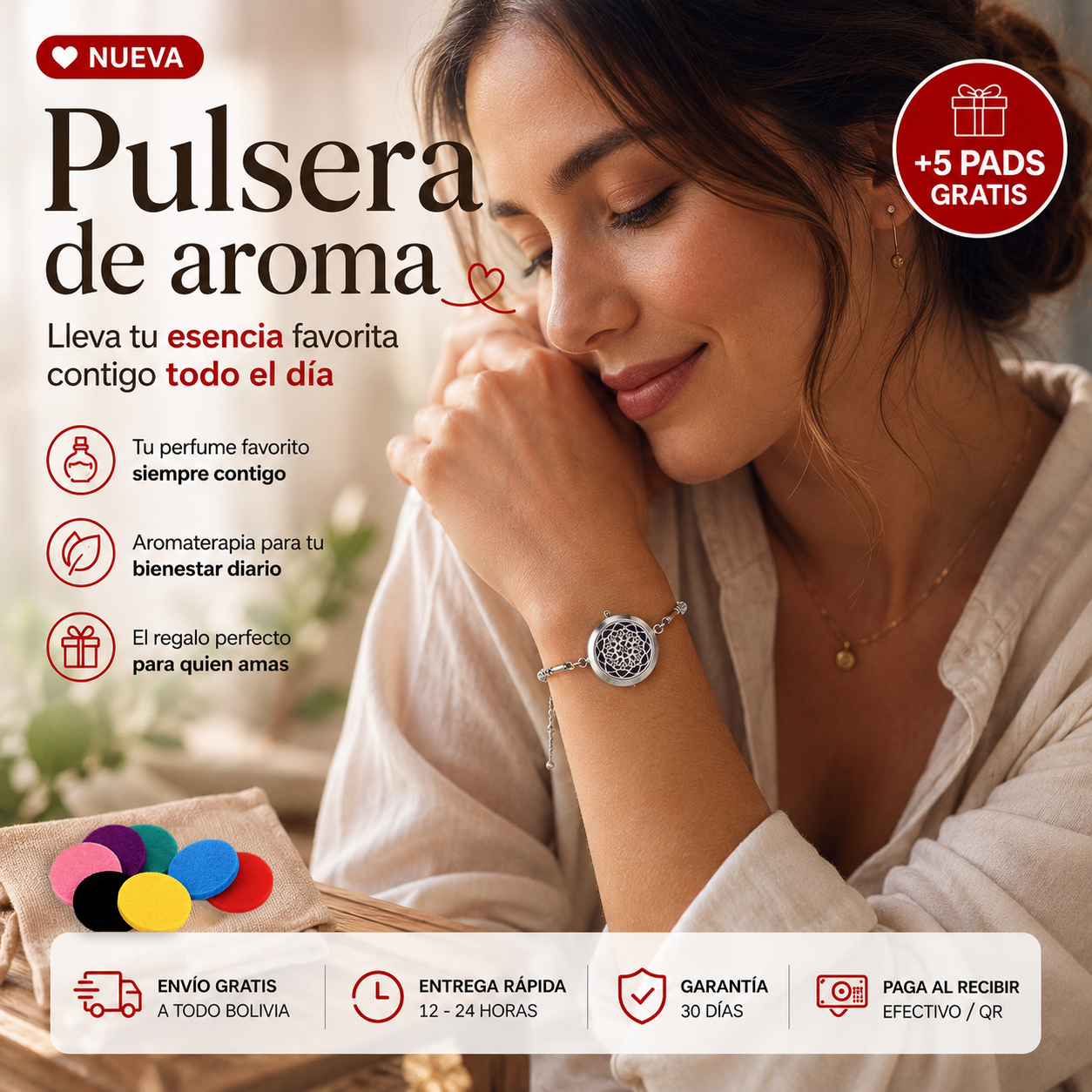 Pulsera Aromática Ajustable + 5 Pads Gratis
